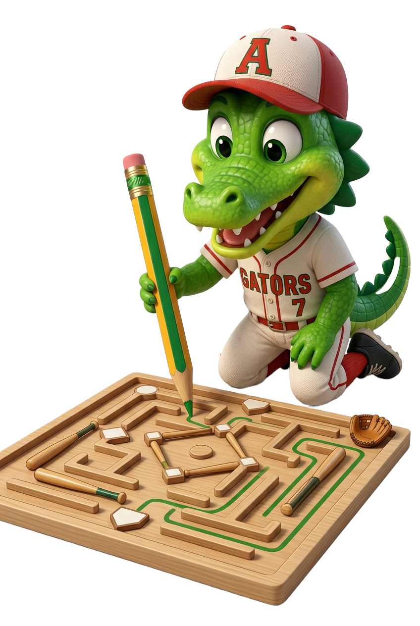 Allie the Alligator inside a baseball-shaped maze