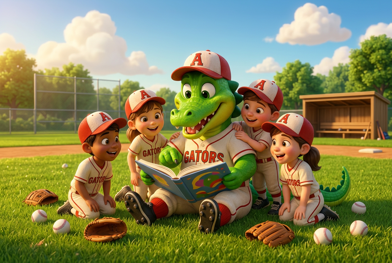 Smiling kids in tee-ball uniforms sitting in the grass, reading an Allie the Alligator picture book together