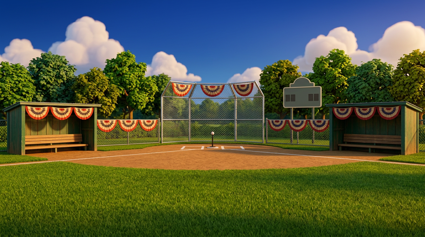 Illustrated little-league ballpark with green grass, dirt infield and cheering animal fans in the bleachers