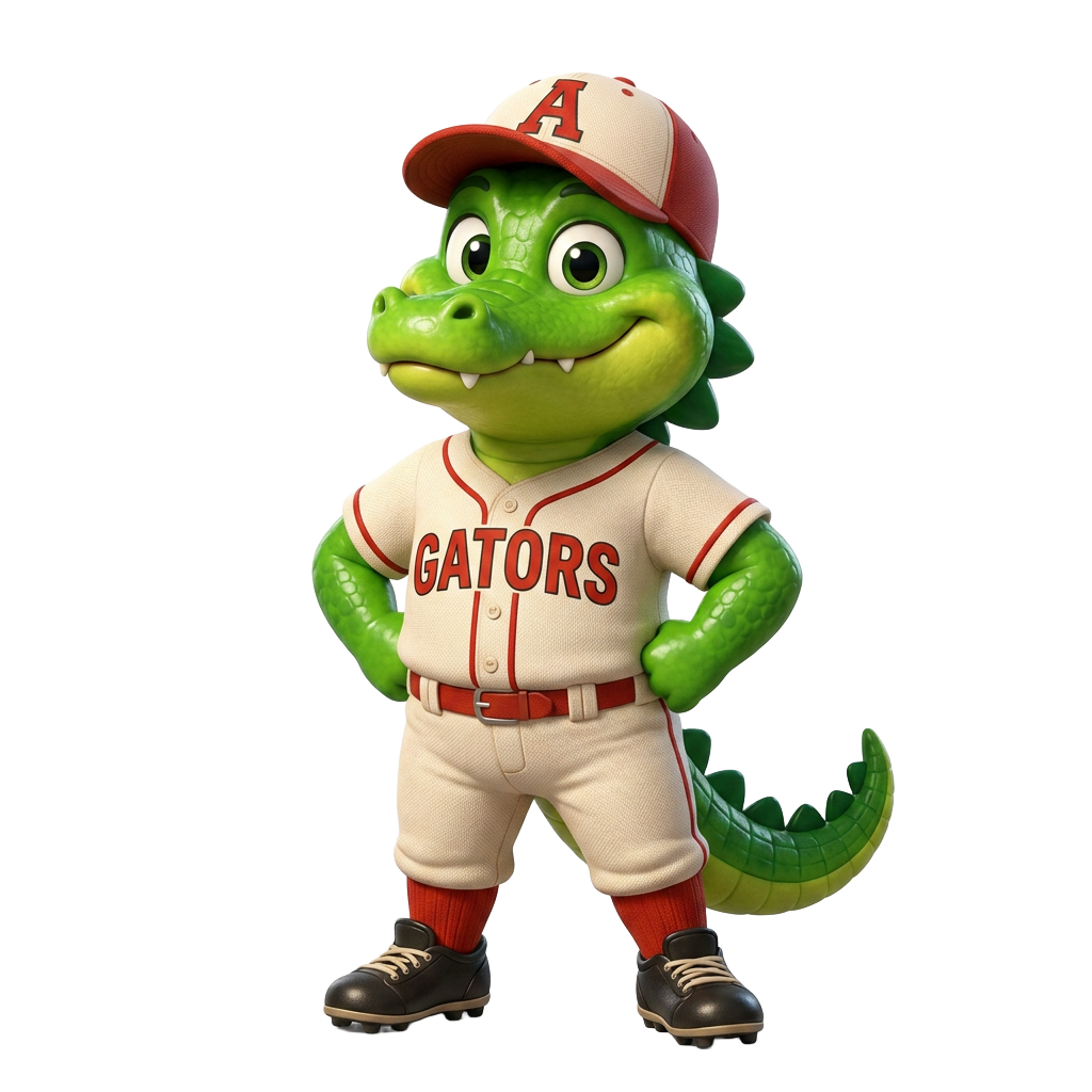 Allie the Alligator standing confidently with her baseball bat