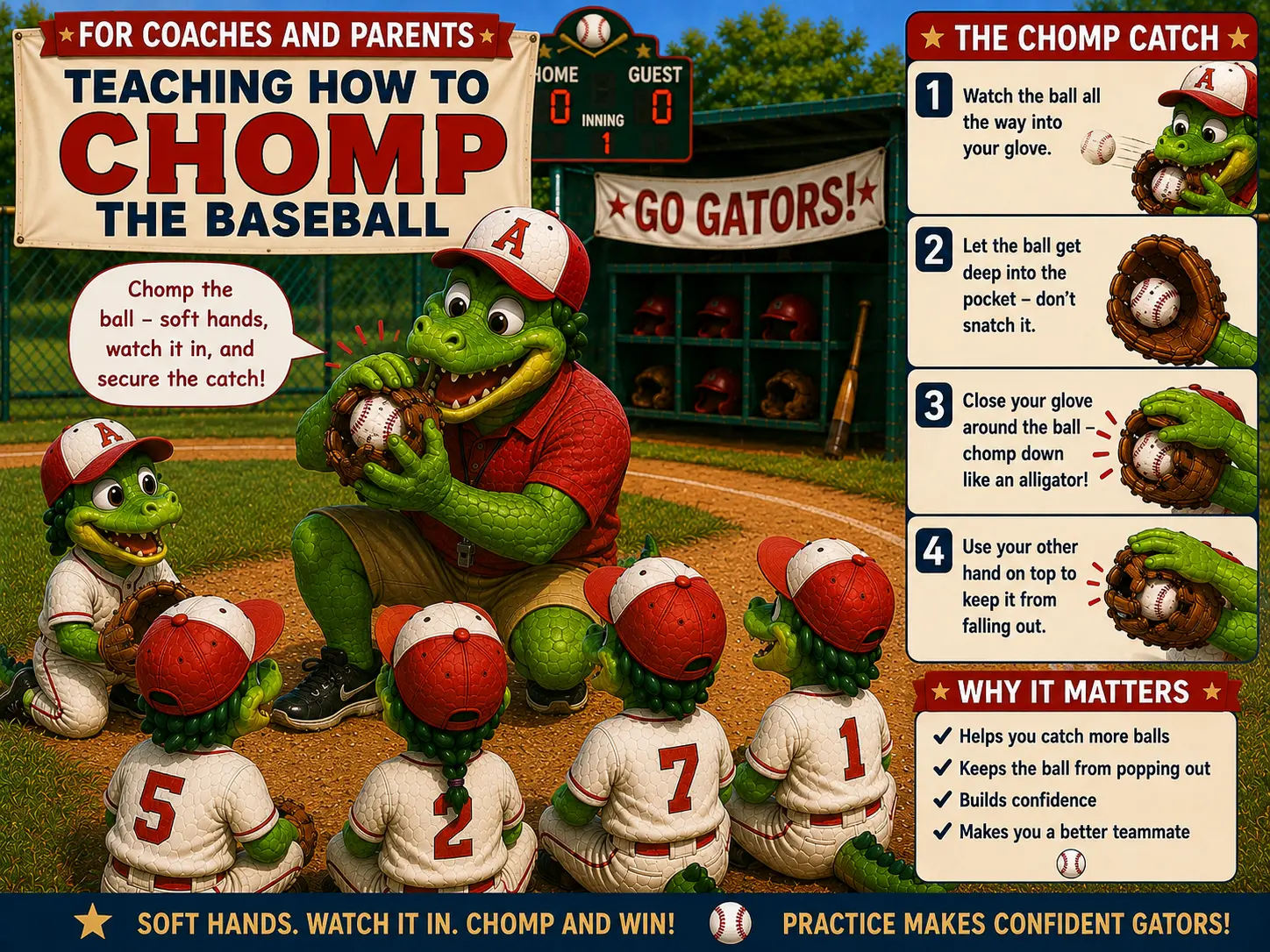 Coaching poster: Teaching how to chomp the baseball — Coach Gator shows young players the four steps of the chomp catch