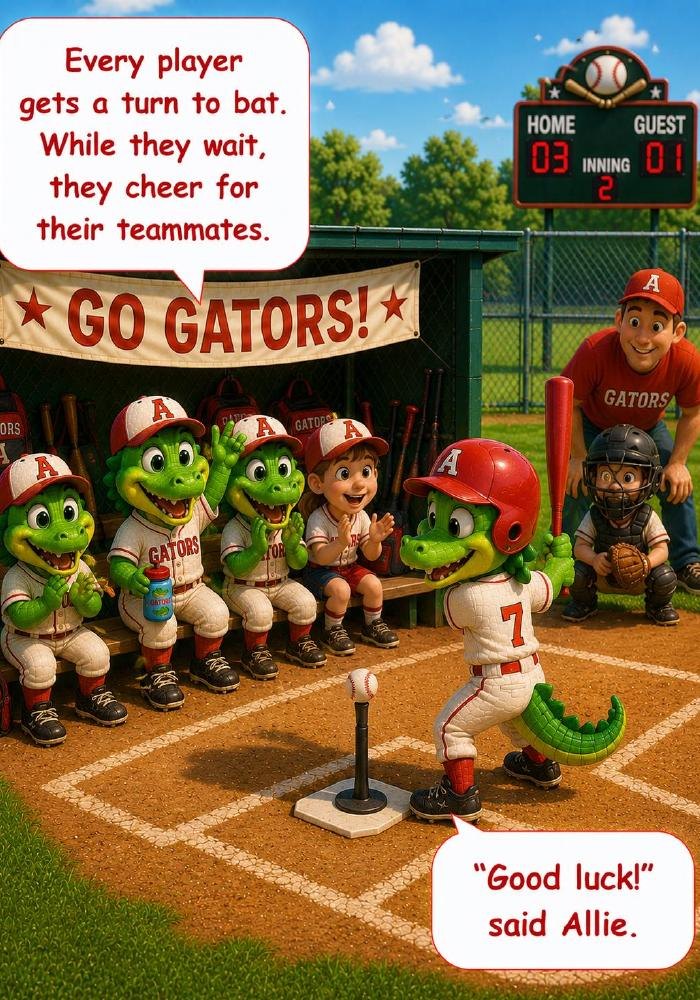 Interior page 1: Every player gets a turn to bat. While they wait, they cheer for their teammates. "Good luck!" said Allie.
